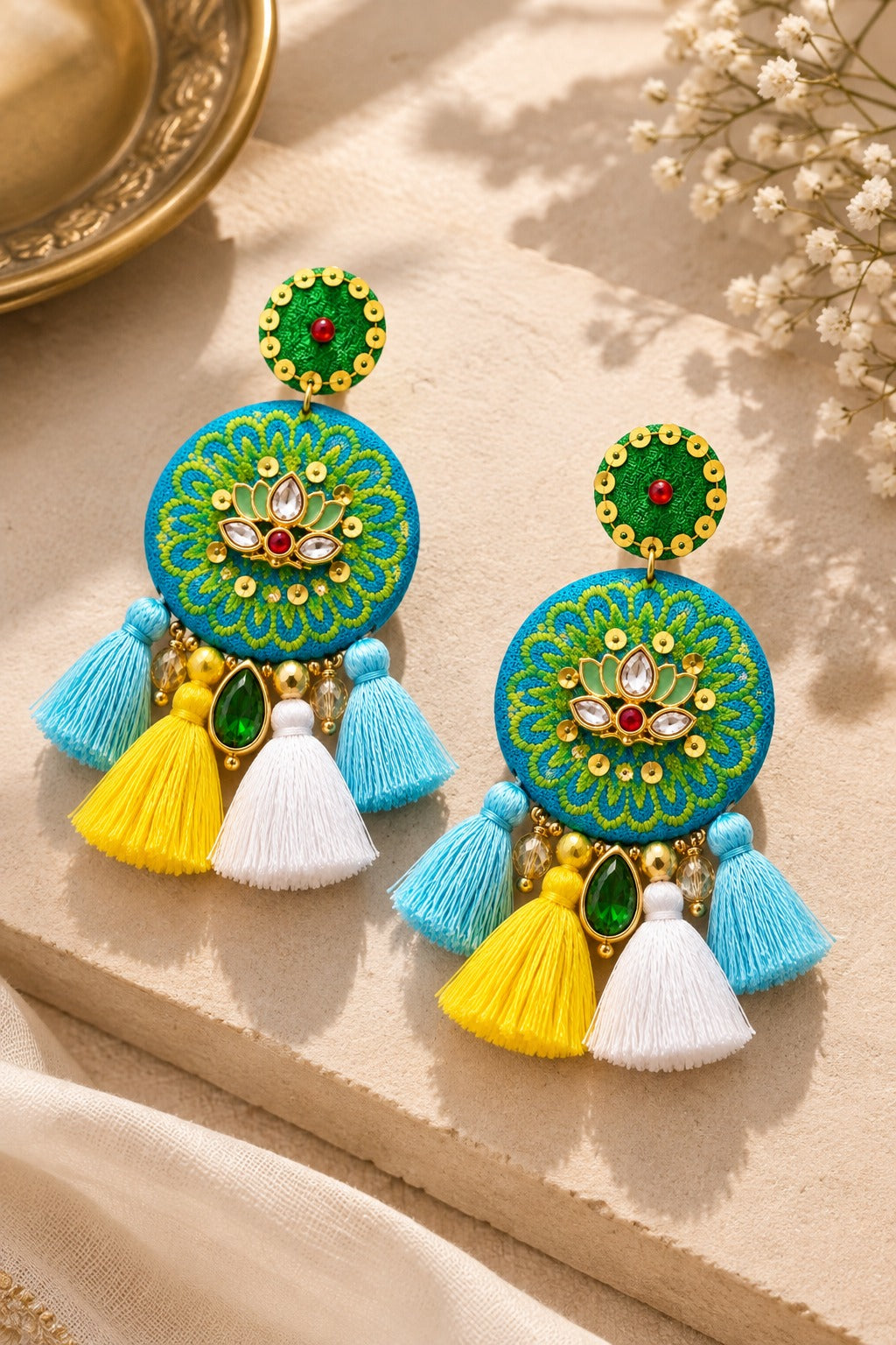 Glitz Handicraft Embroidered Tassel Earrings Turquoise & Green