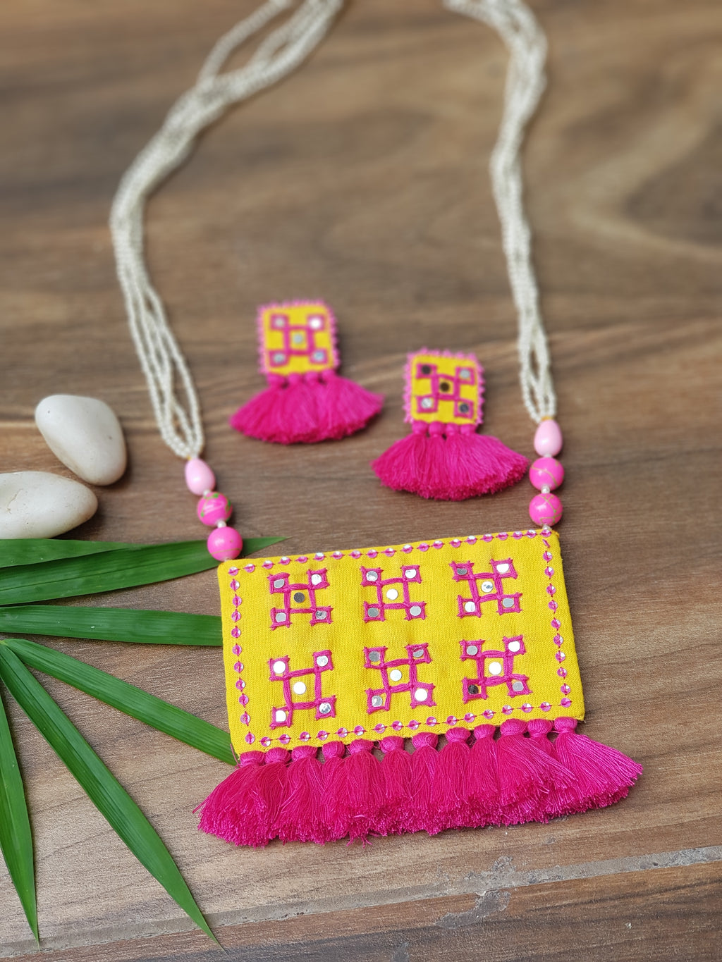 Traditional Pocket Necklace With Earring Yellow Pink Fabric