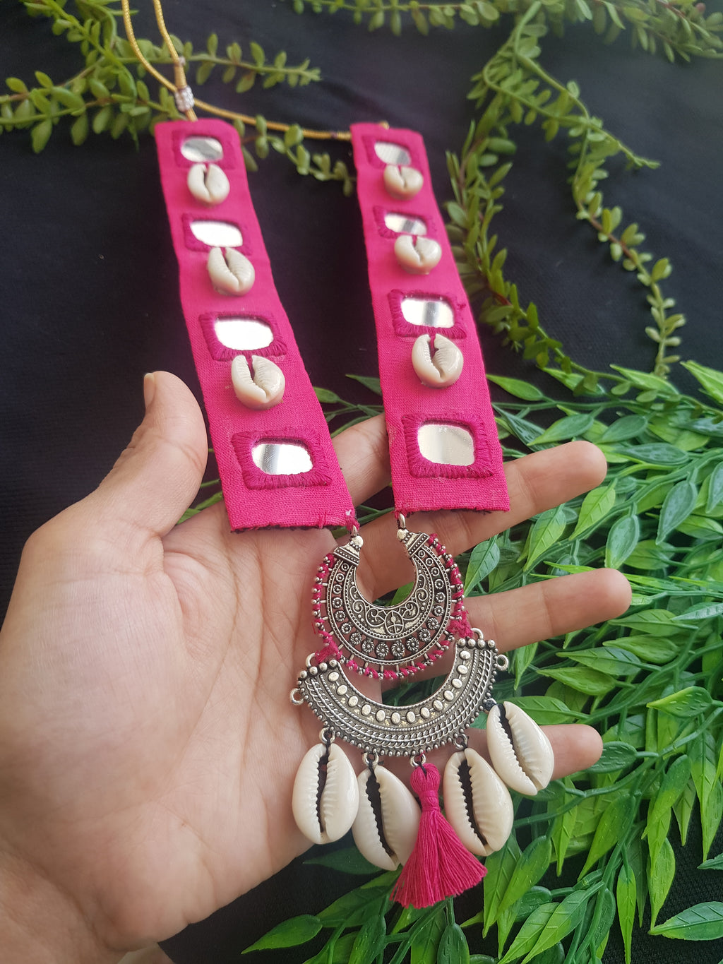 Pink Unique Long Necklace & Earring Set With Cowrie