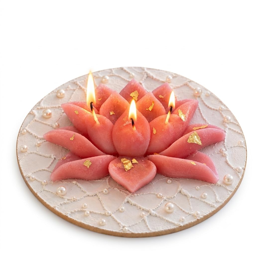 Lotus Flower Candle with Gold Leaf Accents on Pearl Base