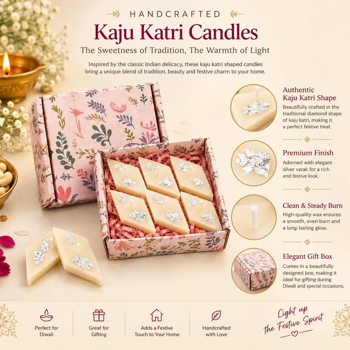 Kaju Katri Candles with Silver Foil, Set of 6