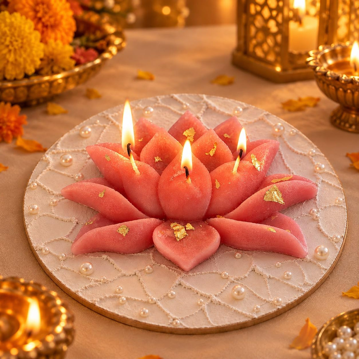 Lotus Flower Candle with Gold Leaf Accents on Pearl Base