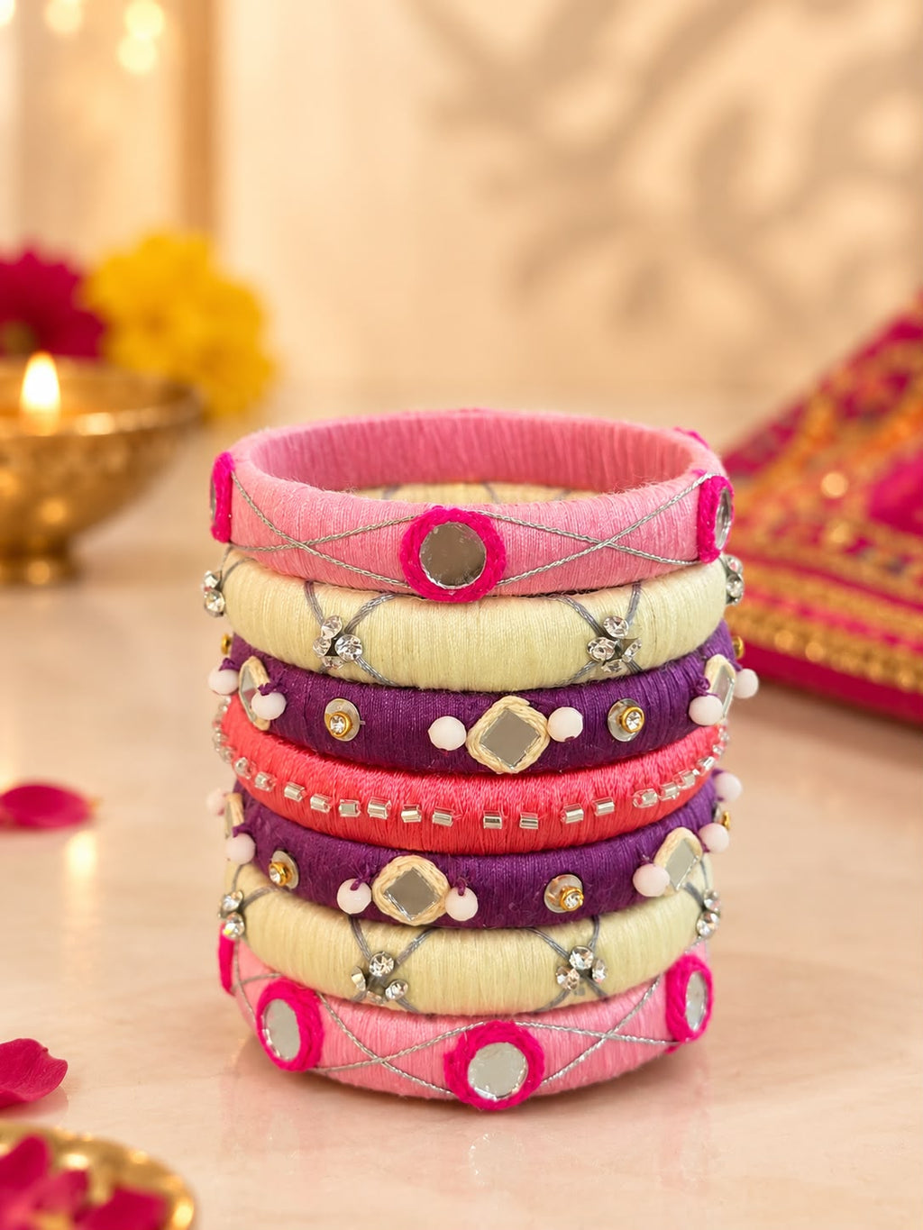 Silk Thread Bangles for Women with Mirror Work and Rhinestones