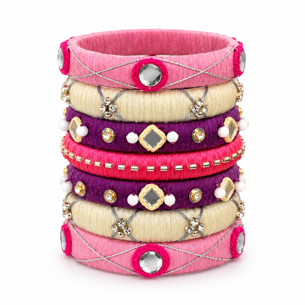 Silk Thread Bangles for Women with Mirror Work and Rhinestones