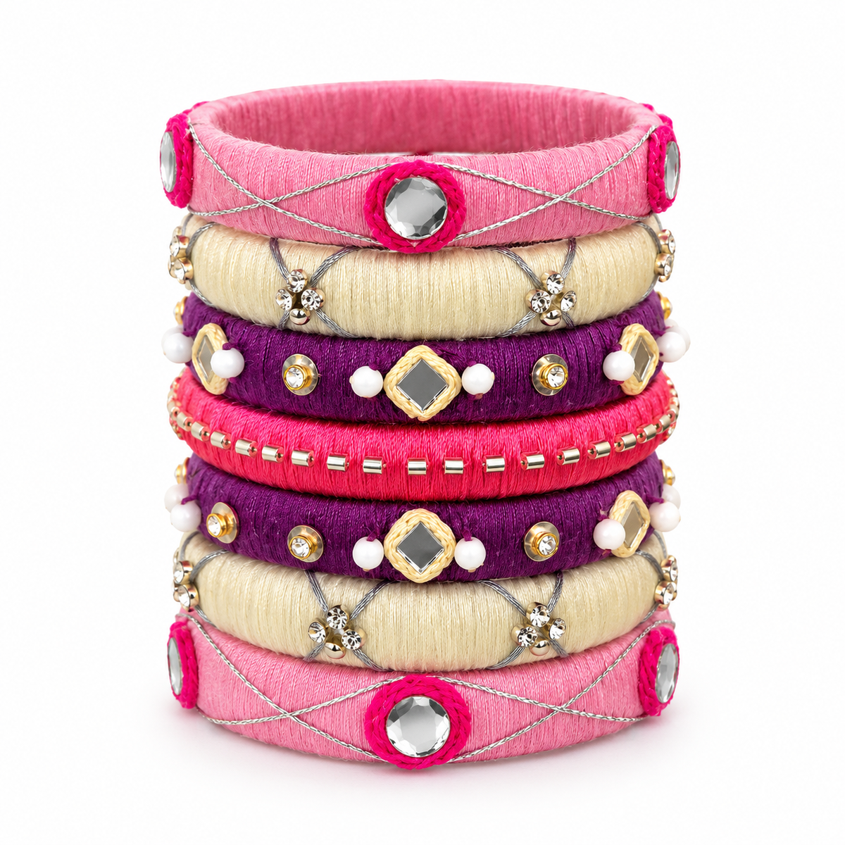 Silk Thread Bangles for Women with Mirror Work and Rhinestones