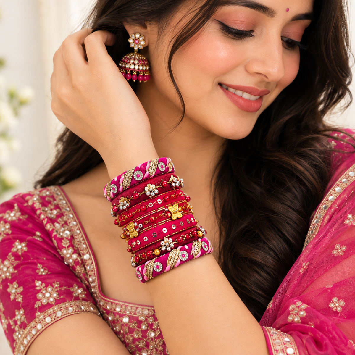 Pink & Gold Navratri Bangles for Women | Traditional Embellished Garba & Festive Chudi Set