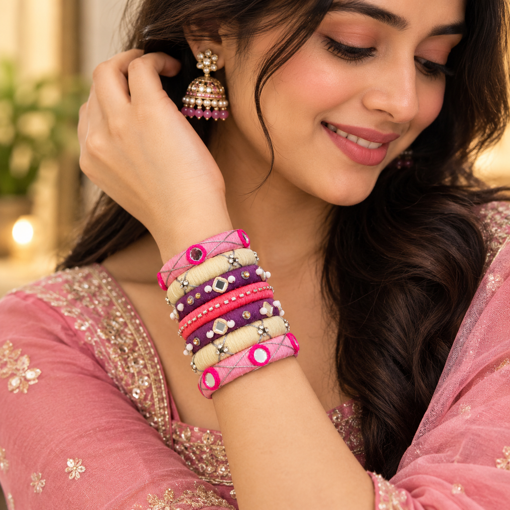 Silk Thread Bangles for Women with Mirror Work and Rhinestones