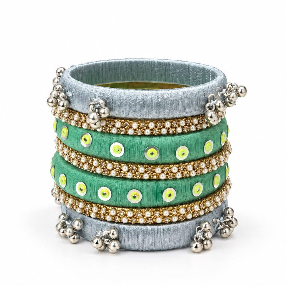 Green & Silver Traditional Designer Bangles with Pearl and Mirror Work