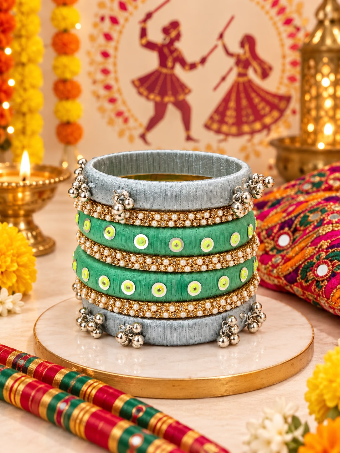 Green & Silver Traditional Designer Bangles with Pearl and Mirror Work