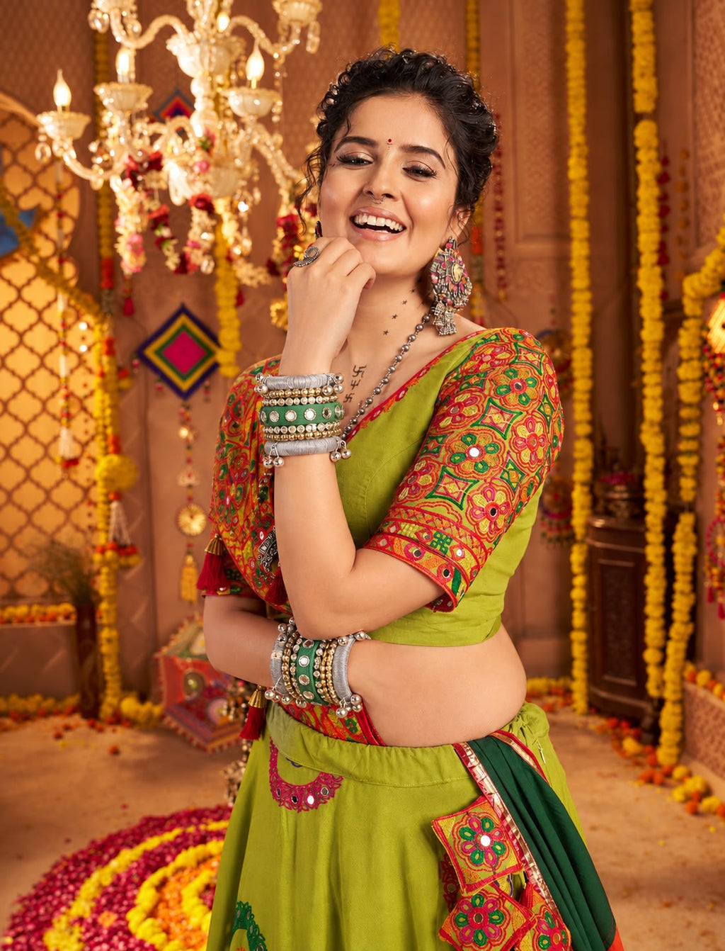 Green & Silver Traditional Designer Bangles with Pearl and Mirror Work