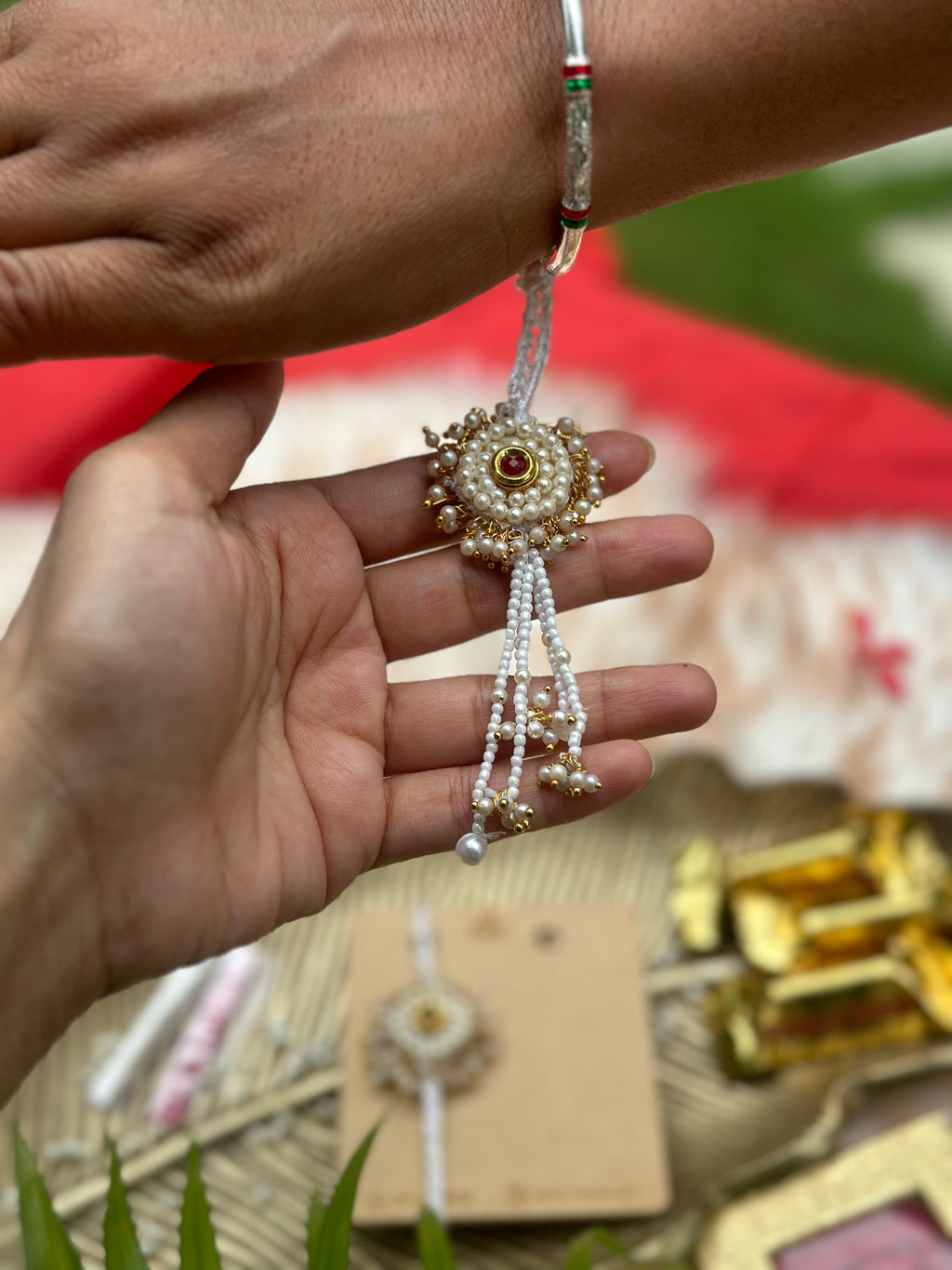 Safeed pearl Rakhi set