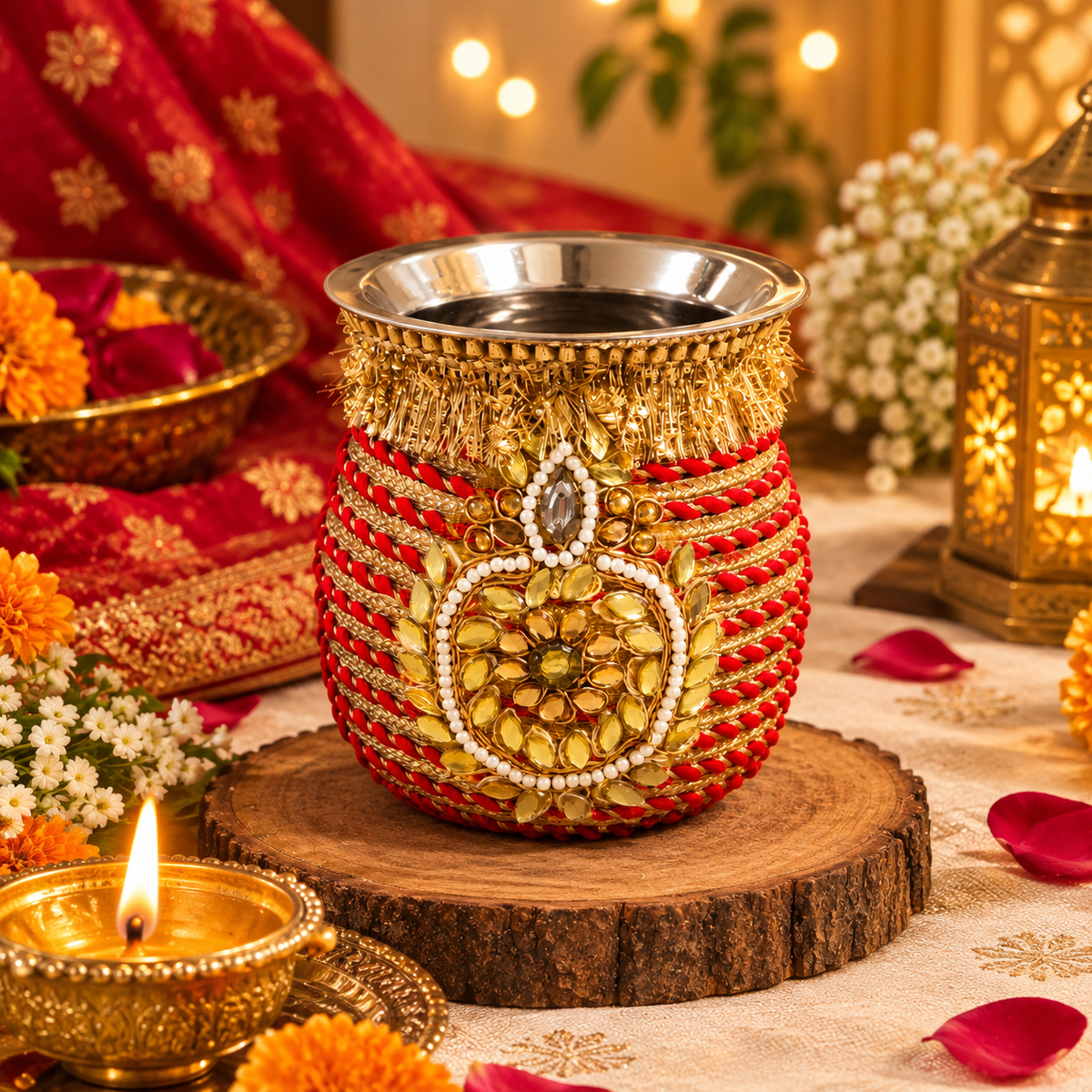 Decorative Karwa Chauth Lota with Red and Golden Embellishments