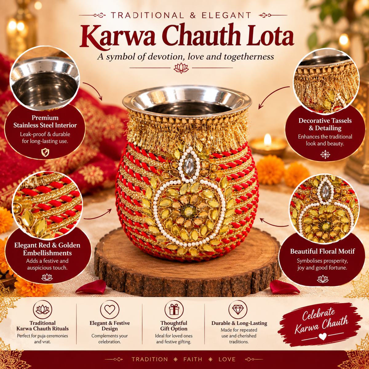 Decorative Karwa Chauth Lota with Red and Golden Embellishments