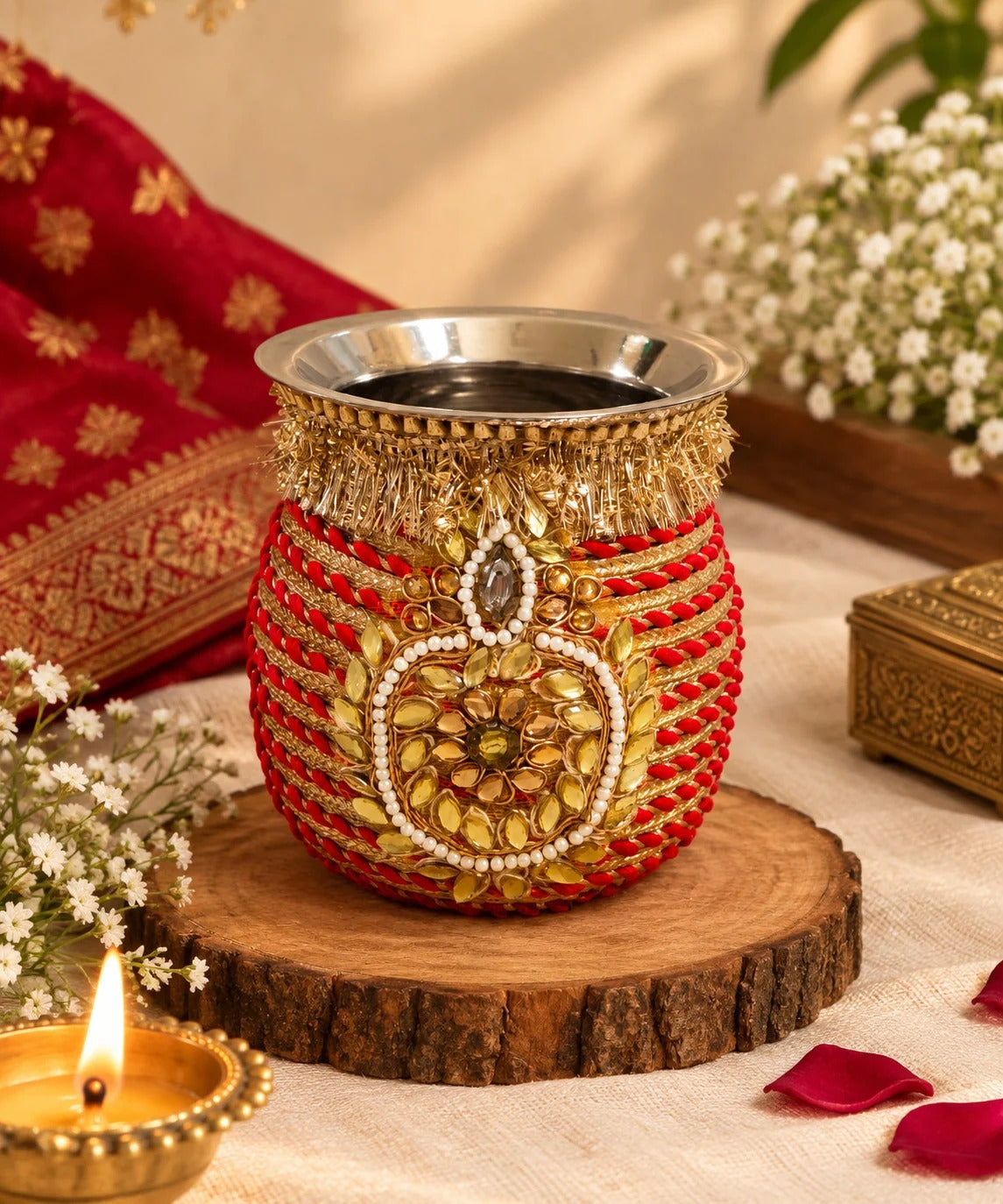 Decorative Karwa Chauth Lota with Red and Golden Embellishments