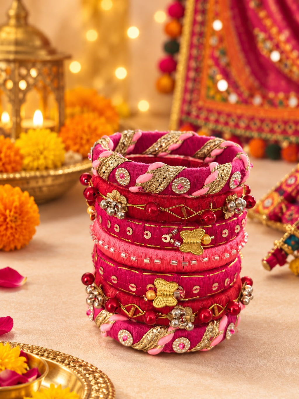 Pink & Gold Navratri Bangles for Women | Traditional Embellished Garba & Festive Chudi Set