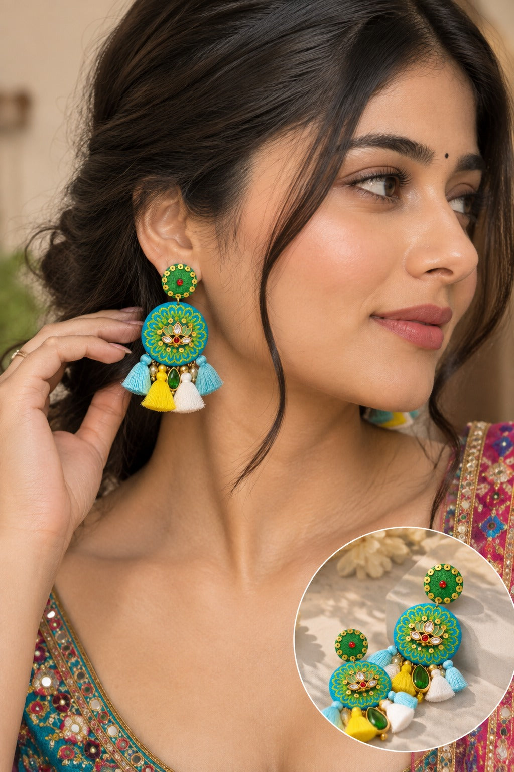Glitz Handicraft Embroidered Tassel Earrings Turquoise & Green