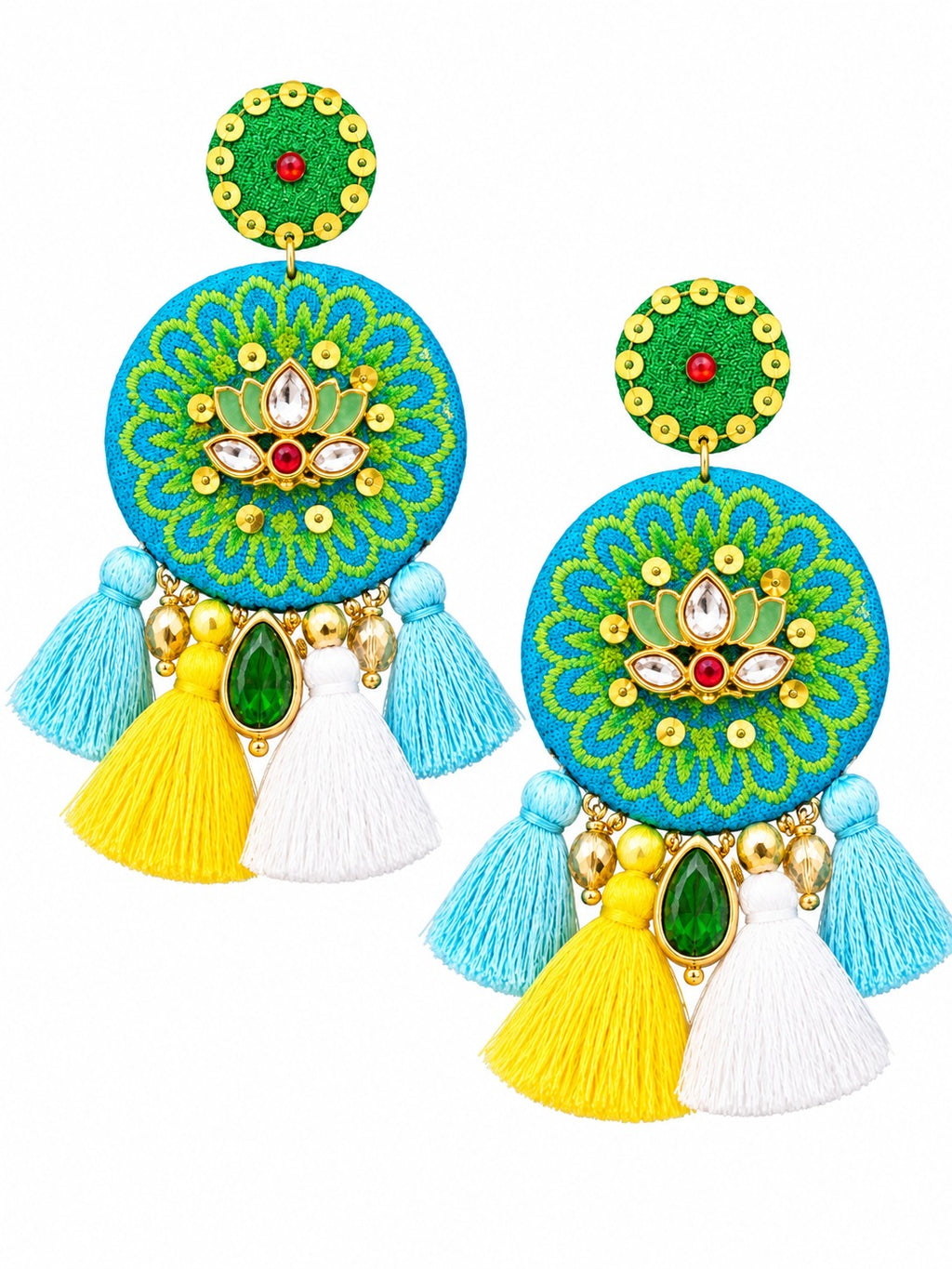 Glitz Handicraft Embroidered Tassel Earrings Turquoise & Green